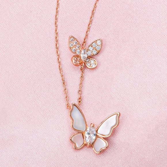 Rose Gold Butterfly Necklace with pink Mother of Pearl, Charmed Aroma - Picture 1 of 7